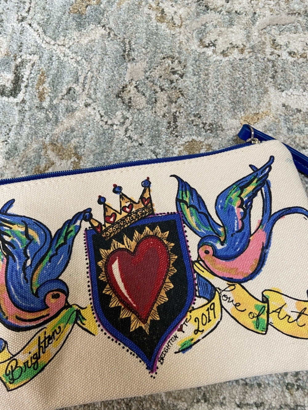 Brighton Cream Cosmetic Pouch with Blue Trim and Multicolor Heart & Birds - Picture 6 of 6